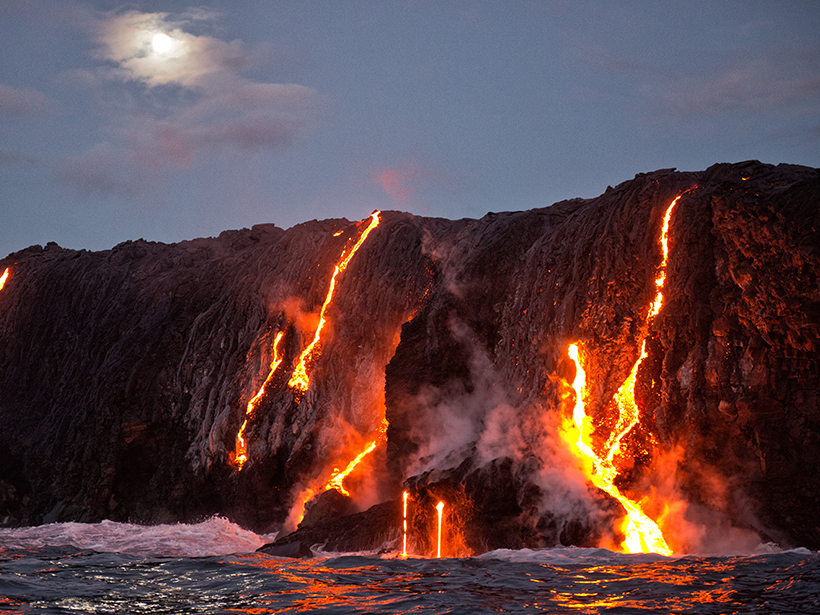 A view of Hawaii’s Kīlauea volcano erupting and flowing into the ocean