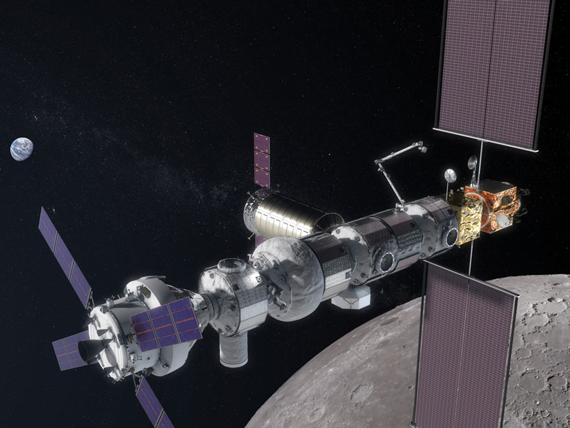 An artist’s rendering of the Lunar Orbital Platform–Gateway over the Moon
