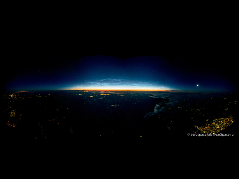 Noctilucent clouds near Moscow, Russia, photographed from the SONC balloon at a height of about 8 km on 5 July 2018.