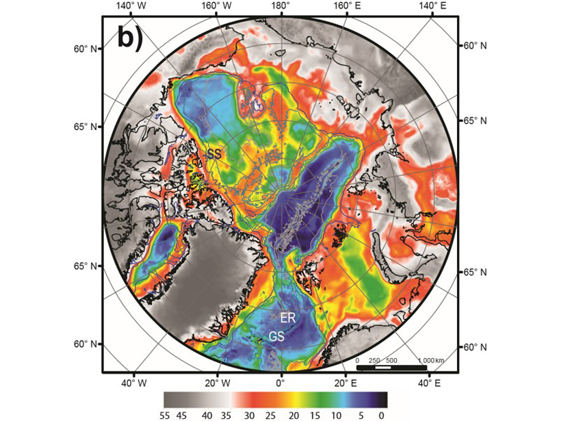 Figuring showing thickness of the crust in the High Arctic and Circum-Arctic regions