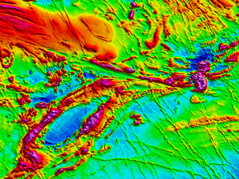 High-resolution map of magnetic field variations in Minnesota showing details of the geology underlying glacial deposits.