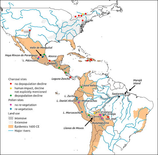 Map of the Americas showing pre-Columbian land use