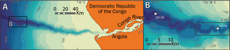 False-color map of the Congo River mouth and submarine canyon False-color map of the Congo River mouth and submarine canyon