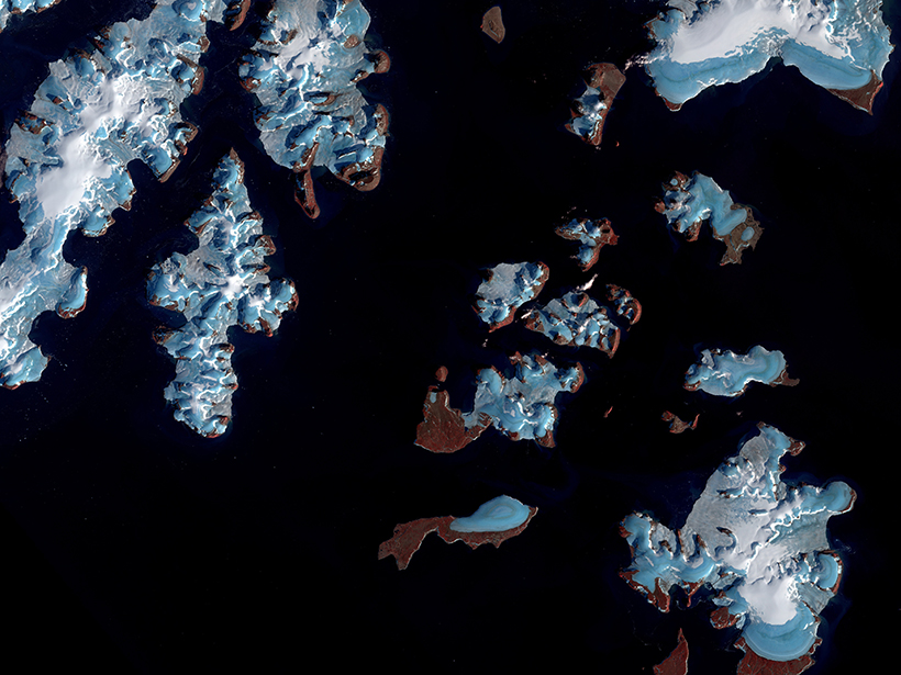 A false-color satellite image of melting glaciers in the Russian Arctic