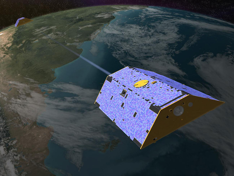 An artist’s rendering of the Gravity Recovery and Climate Experiment, or GRACE