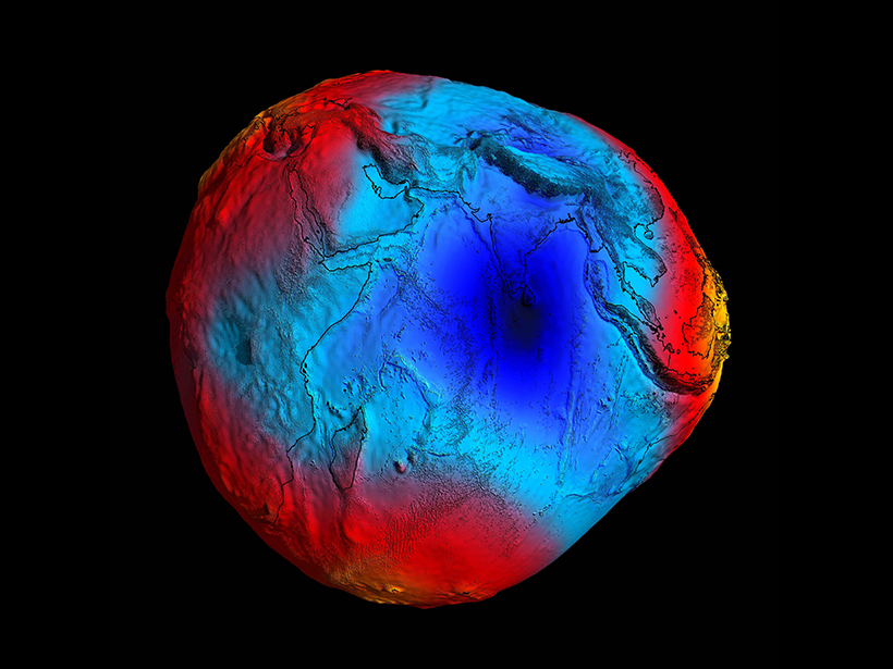 A large “dent” in Earth’s geoid in the Indian Ocean indicates that less mass is concentrated here than is typical.