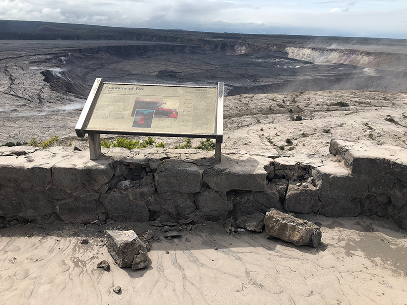 Charred and crumbling caldera overlook labeled Fountains of Fire