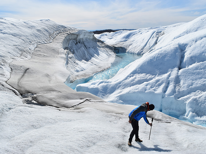 Meltwater flows in a canyon around 30 meters deep in Greenland.