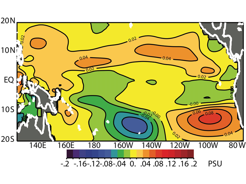 Map showing differences in sea surface salinity between two experiments