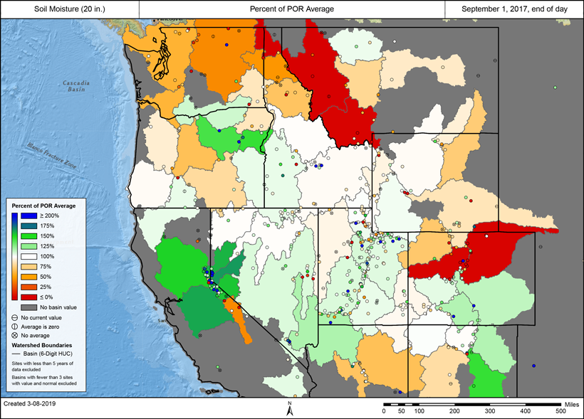 Basinized, percent-of-normal, 50-centimeter (20-inch) depth soil moisture for watersheds in the western United States