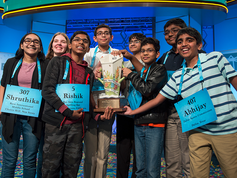 The eight cochampions of the 92nd Scripps National Spelling Bee