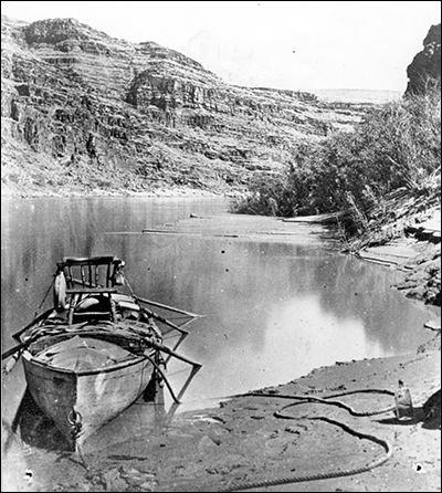 Black-and-white photo of a rowboat in the Grand Canyon Black-and-white photo of a rowboat in the Grand Canyon