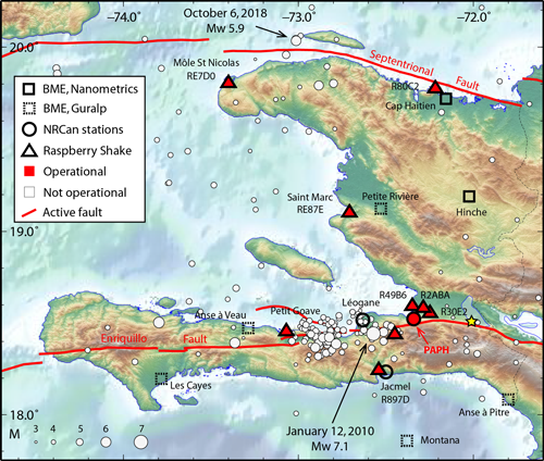 Seismic stations in Haiti and seismic activity as reported by the U.S. Geological Survey from August 1946 to 14 January 2019.
