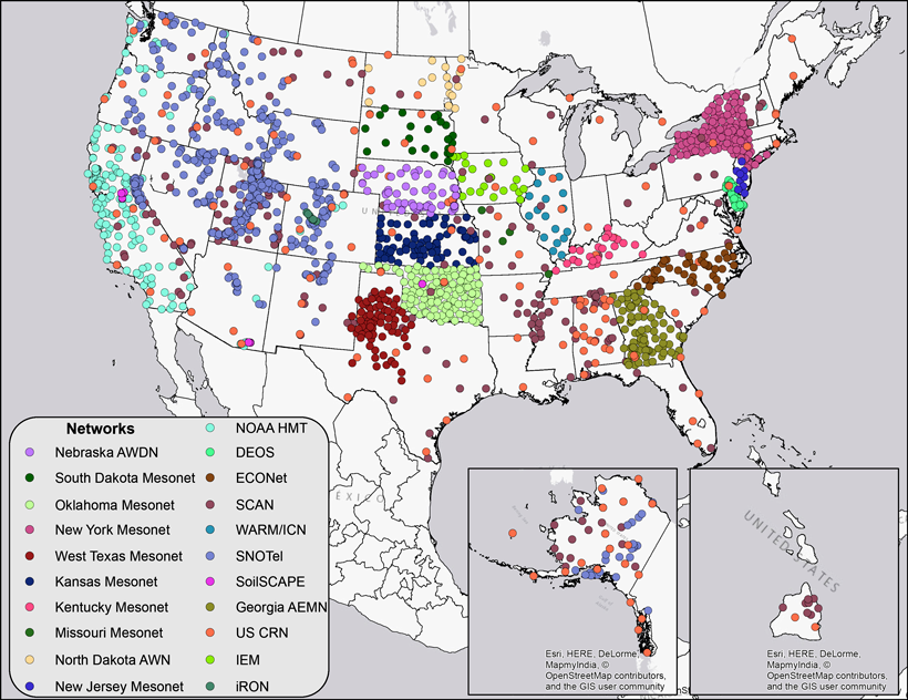 Locations of in situ soil moisture sensor networks across the United States from federal- and state-level networks.