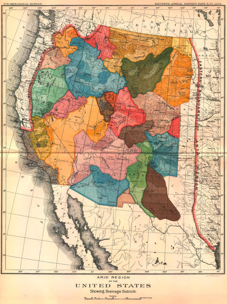 Map of the western United States with watersheds in bright colors Map of the western United States with watersheds in bright colors