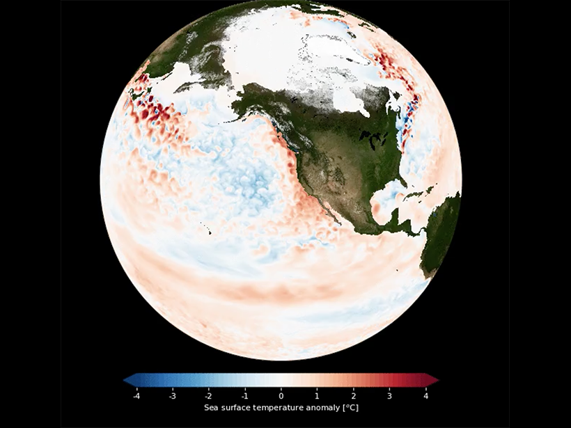 A map of the simulated 5-year mean sea surface temperature anomaly from a very high resolution version of an interactive ensemble model