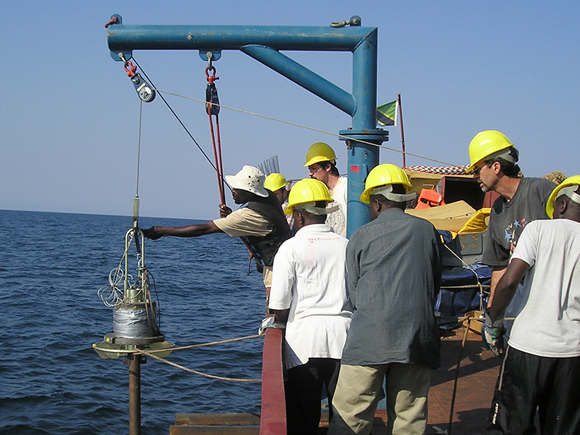 A research team taking sediment cores on Lake Tanganyika in eastern Africa