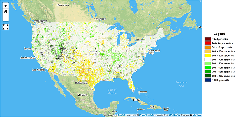 Five-centimeter soil moisture percentiles on 25 March 2018 (regression kriging interpolation).