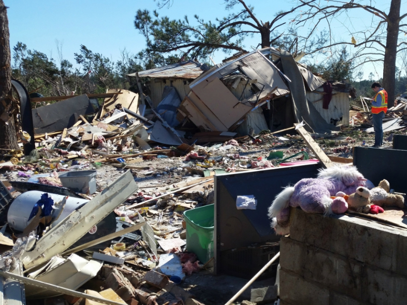 A mobile home park devastated by tornado damage