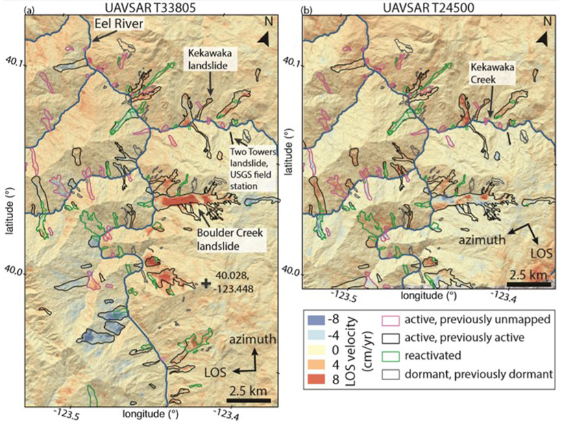 Map of landslide activity in California between April 2016 and February 2018