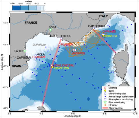 Locations of the MOOSE observing system components in the northwestern Mediterranean basin. Locations of the MOOSE observing system components in the northwestern Mediterranean basin.