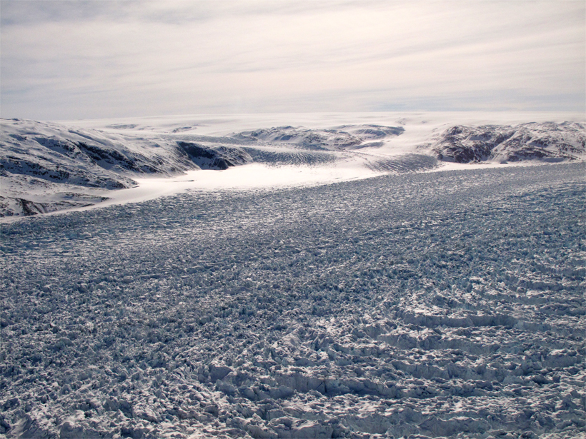 Helheim Glacier Greenland and surrounding icy landscape