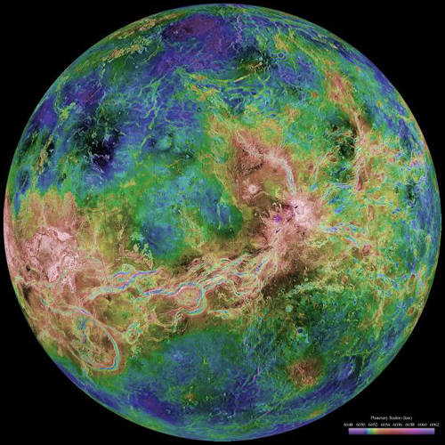 False-color topographic map of Venus