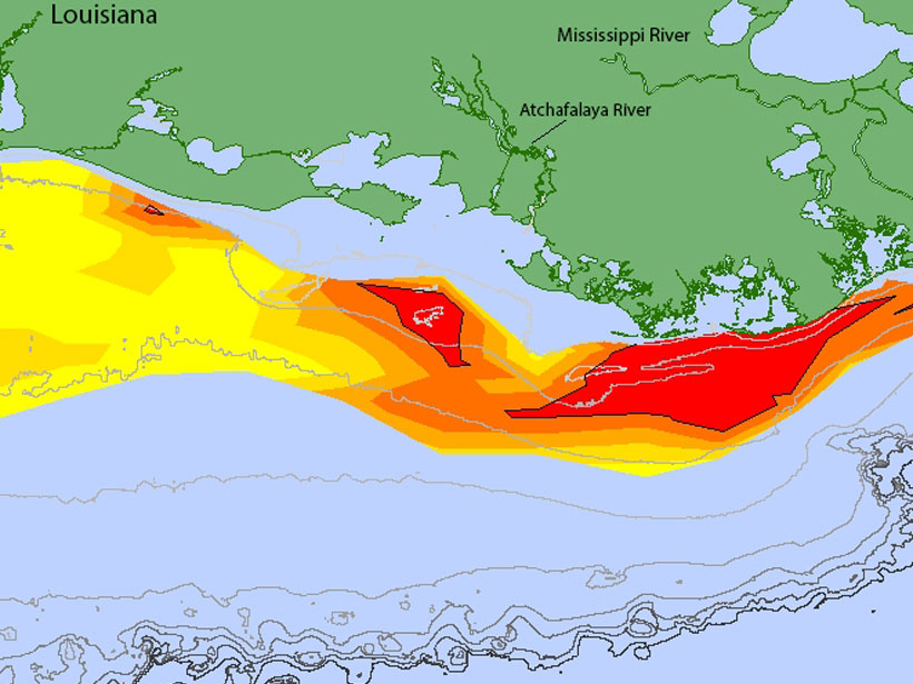 A map of the dead zone in the Gulf of Mexico in 2018 depicts low-oxygen areas in red, orange, and yellow off the coast of Louisiana.