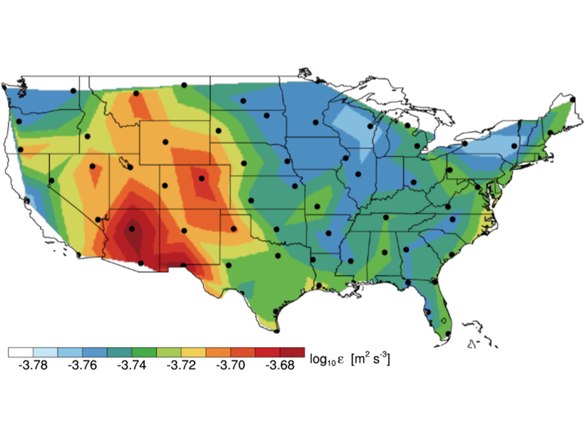 Map of continental USA showing horizontal distribution of the mean of the logarithmic eddy dissipation rate in the troposphere