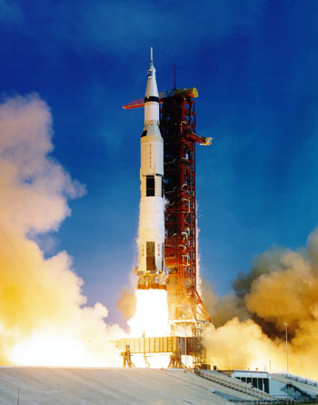 Rocket launching on launchpad Rocket launching on launchpad