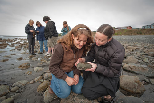 Photo of women examining rocks on a beach