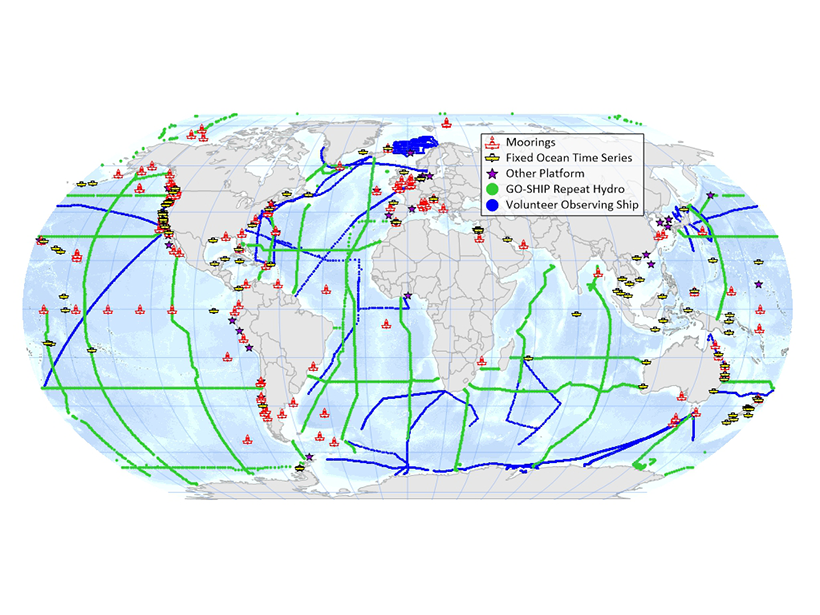 Map of the present-day Global Ocean Acidification Observing Network, showing moorings, ships of opportunity, and time series measurements currently in the network