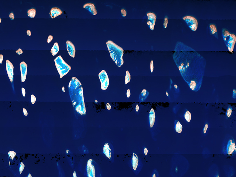 Hyperspectral imagery shows part of Swain Reefs off the eastern coast of Australia.