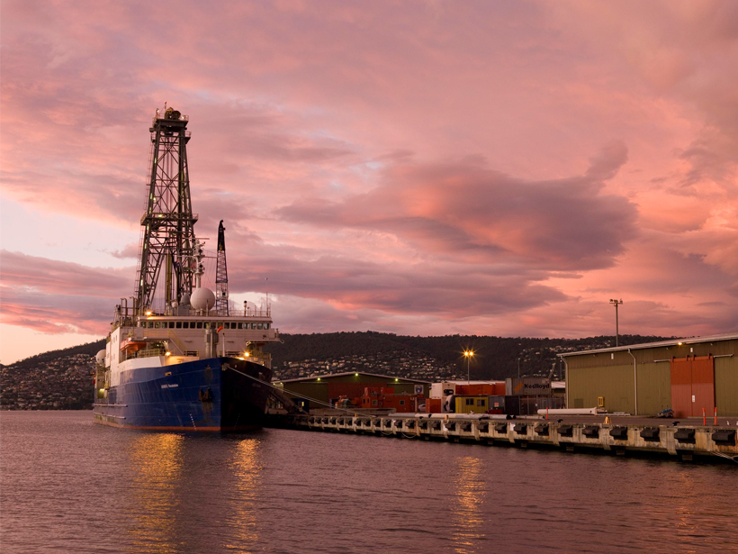 The International Ocean Discovery Program’s JOIDES Resolution sits in port in Hobart, Tasmania, Australia, at the end of IODP Expedition 318 in 2010.