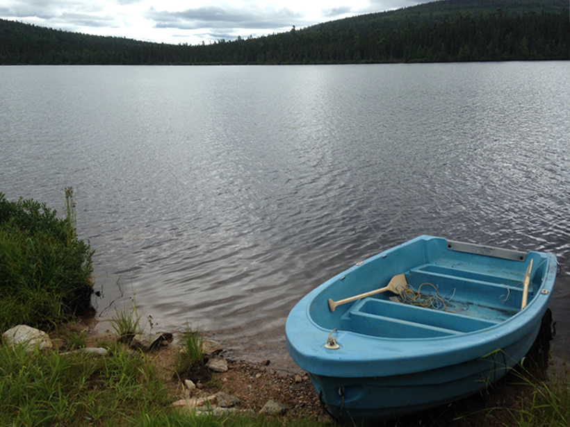A small rowboat sits on the edge of Lake Sinclair, one of five lakes in north central New Brunswick surveyed for the new study on DDT contamination.
