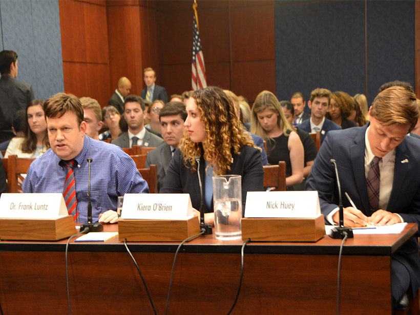 : Frank Luntz, Kiera O’Brien, and Nick Huey, founder of the Climate Campaign, appear before the Senate Democrats’ Special Committee on the Climate Crisis at a 25 July hearing.