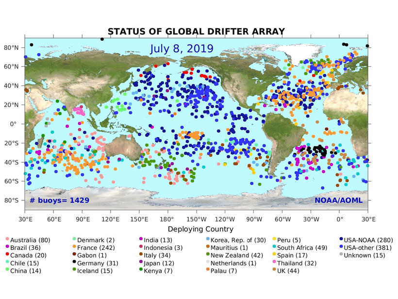 Diagram showing the locations and deploying countries of more than 1,400 sea surface temperature-measuring ocean drifters