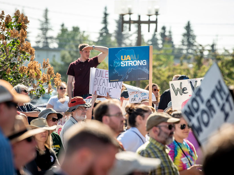 Photo of a protest of University of Alaska budget cuts