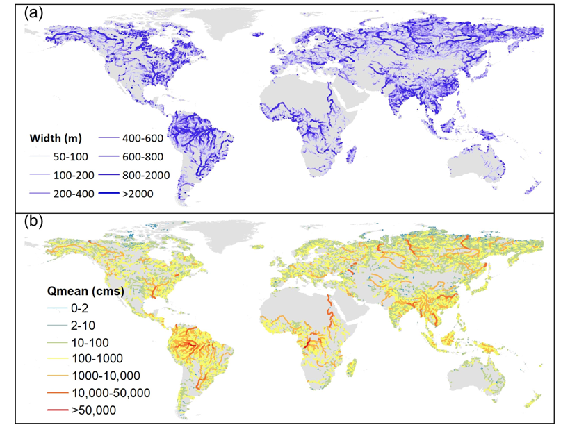 World maps showing estimated width and mean discharge of all mapped reaches