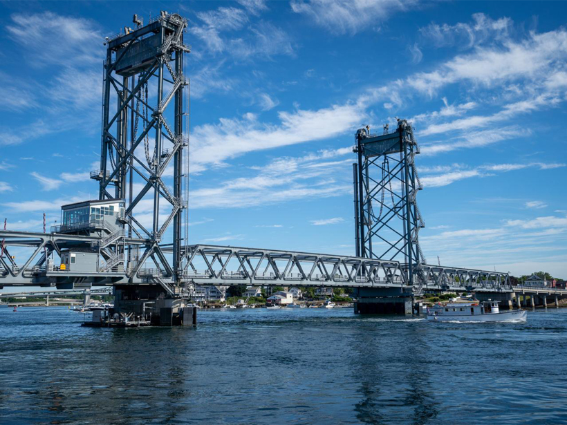 A vertical-lift bridge spanning a river