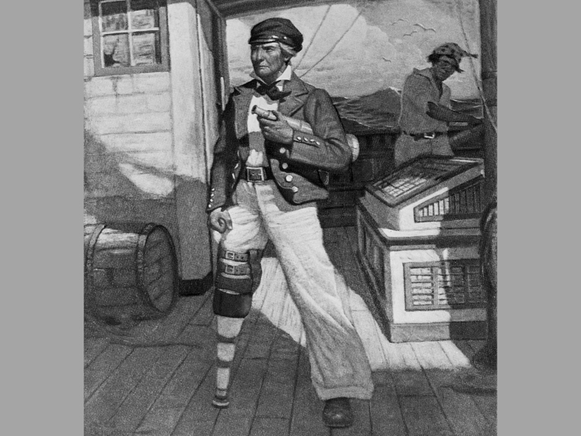 Black-and-white illustration of Captain Ahab on the deck of a ship
