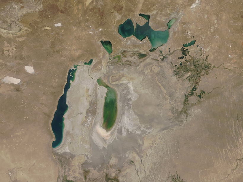 Satellite view of what remains of the Aral Sea, as well as the vast area formerly covered by the sea that now is considered the Aralkum desert
