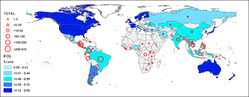 Map of the world with countries shaded in blue and red circles overlaid