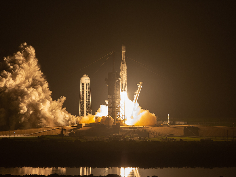 A SpaceX Falcon Heavy rocket carrying two dozen satellites launches from Cape Canaveral, Fla. on 25 June 2019.