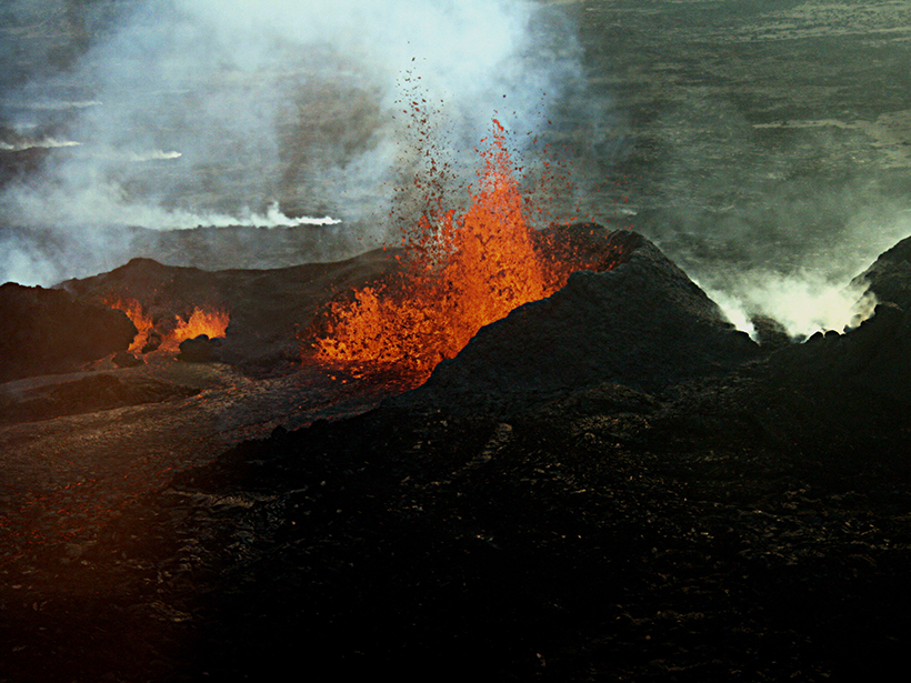 Aerial photo of an erupting volcano