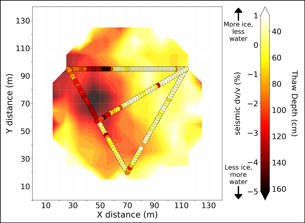 Map with different color shades—dark reds to light yellows and white. Darker shades are places underground where seismic waves move relatively slowly compared with lighter colored regions. Map with different color shades—dark reds to light yellows and white. Darker shades are places underground where seismic waves move relatively slowly compared with lighter colored regions.