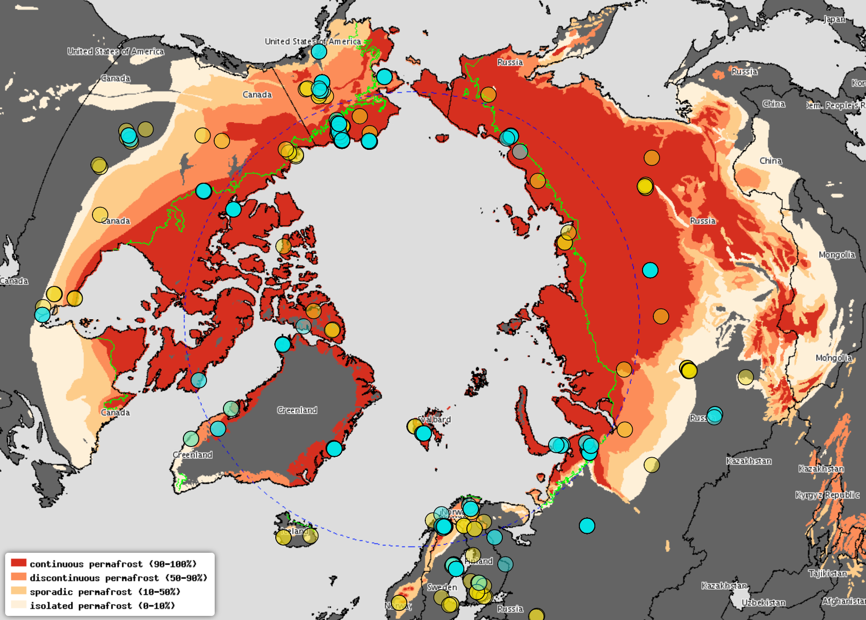 Locations for CO2 and methane flux measurements (eddy covariance and chambers) across the northern permafrost zone