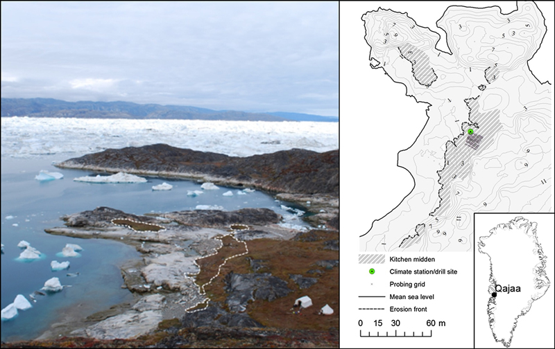 Photo and map of an icy coastal archaeological site. Photo and map of an icy coastal archaeological site.