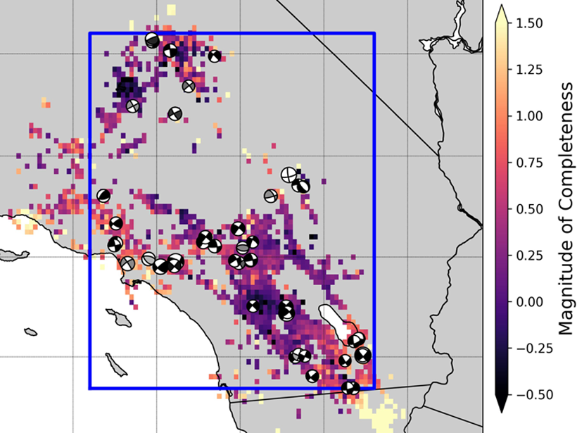 Map of southern California showing relationship between observed foreshock prevalence and magnitude of completeness
