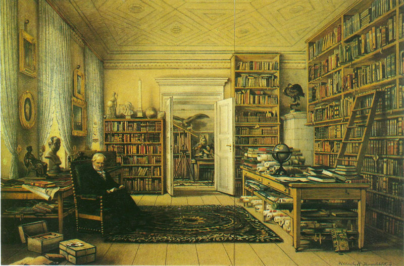Humboldt sits in the library of his Berlin apartment in this mid-19th century painting by Eduard Hildebrandt